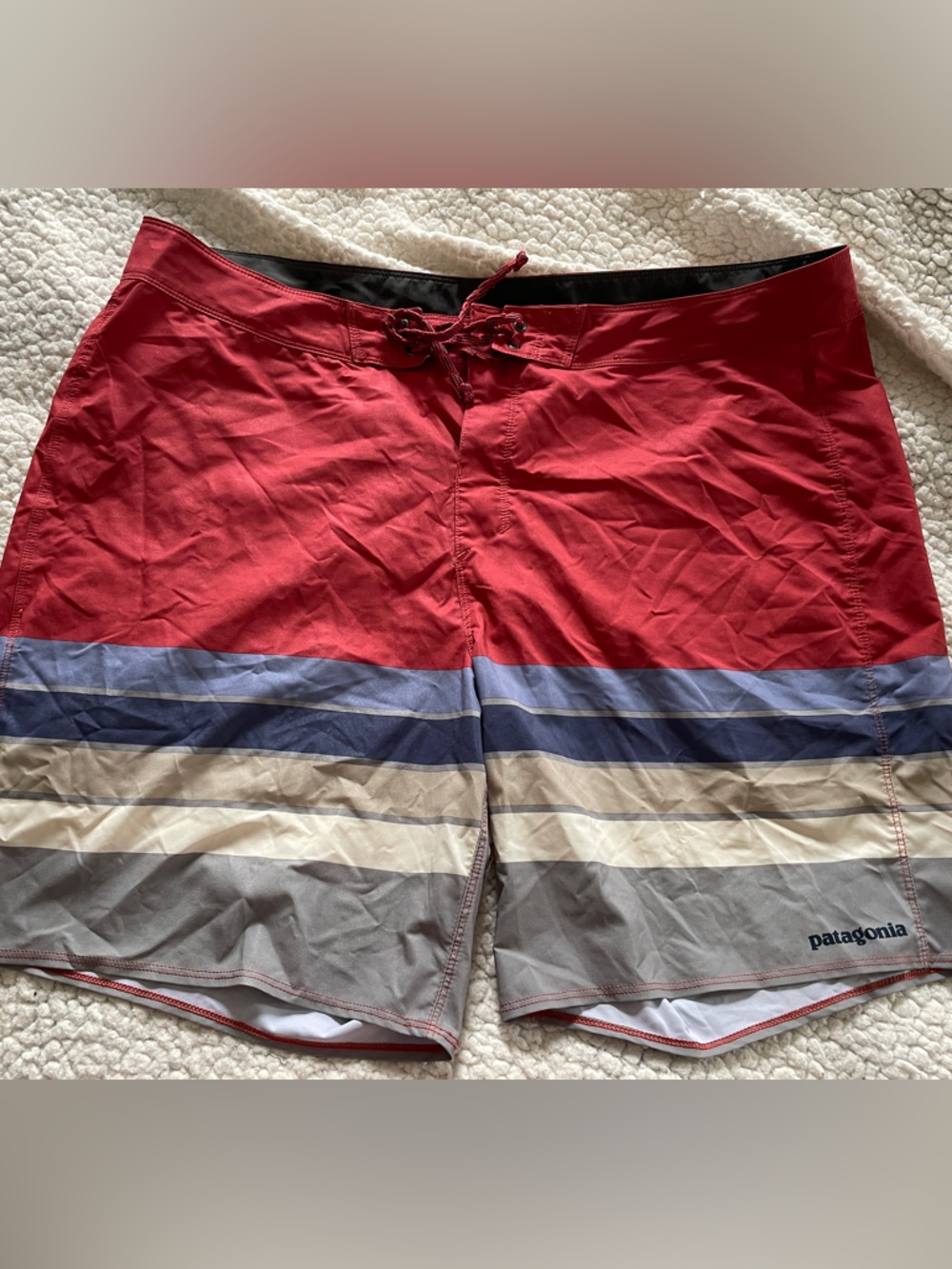 Patagonia Men's Red Swim Board Shorts with Stripes